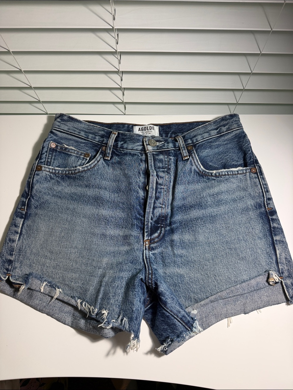 Agolde Medium Blue High-Rise Distressed Denim Shorts